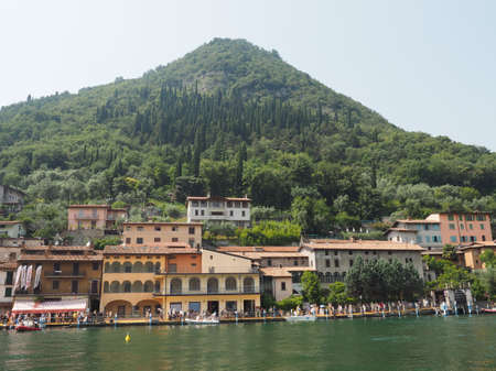 LAKE ISEO, ITALY - CIRCA JUNE 2016: The Floating Piers site specific landscape artwork by Christo and Jeanne Claudeのeditorial素材