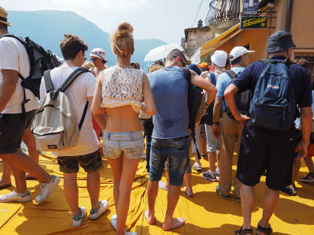LAKE ISEO, ITALY - CIRCA JUNE 2016: The Floating Piers site specific landscape artwork by Christo and Jeanne Claudeのeditorial素材