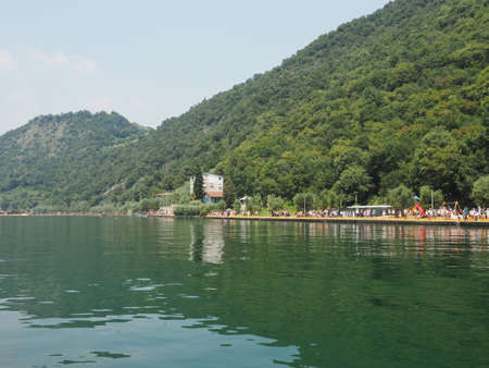 LAKE ISEO, ITALY - CIRCA JUNE 2016: The Floating Piers site specific landscape artwork by Christo and Jeanne Claudeのeditorial素材