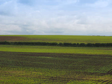 English countryside seen from a train near Liverpool, with selective focus on the horizon and motion...