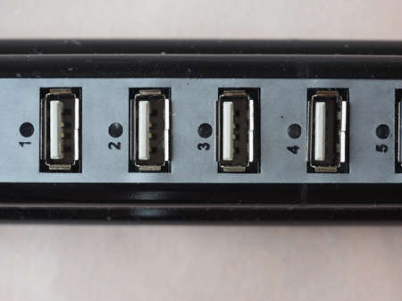 Detail of many USB ports on a computer port multiplier hub