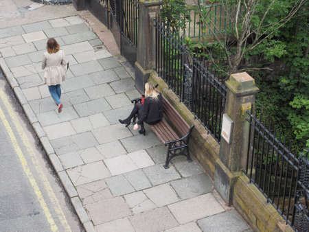 CHESTER, UK - CIRCA JUNE 2016: People in Chester city centre seen from the top of ancient Roman Wallsのeditorial素材