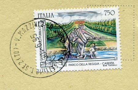 SETTIMO TORINESE, ITALY - CIRCA JULY 2016: A stamp printed by Italy shows Parco della Reggia Caserta (meaning Gardens of the Royal Palace of Caserta)のeditorial素材