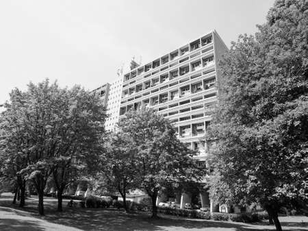 BERLIN, GERMANY - CIRCA JUNE 2016: The Corbusier Haus designed by Le Corbusier in 1957 in black and whiteのeditorial素材