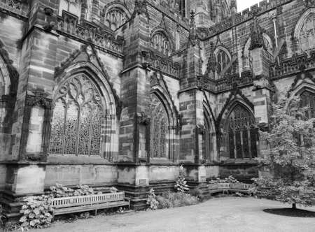 Chester Anglican Cathedral church in Chester, UK in black and whiteの写真素材
