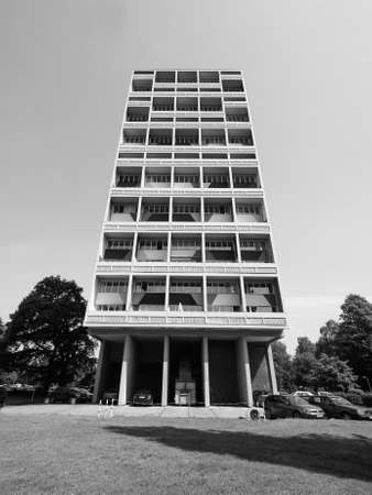 BERLIN, GERMANY - CIRCA JUNE 2016: The Corbusier Haus designed by Le Corbusier in 1957 in black and...