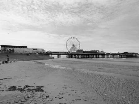 BLACKPOOL, UK - CIRCA JUNE 2016: Blackpool Pleasure Beach resort amusement park on the Fylde coast in Lancashire in black and whiteのeditorial素材