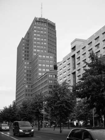 BERLIN, GERMANY - CIRCA JUNE 2016: Kollhoff Tower skyscraper in Potsdamer Platz in black and whiteのeditorial素材