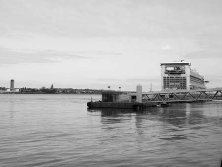 LIVERPOOL, UK - CIRCA JUNE 2016: Pier Head terminal of the Mersey Ferries service operating on the River Mersey in black and whiteのeditorial素材