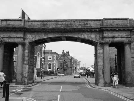 CHESTER, UK - CIRCA JUNE 2016: View of the old city centre in black and whiteのeditorial素材