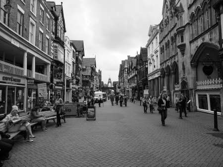CHESTER, UK - CIRCA JUNE 2016: View of the old city centre in black and whiteのeditorial素材