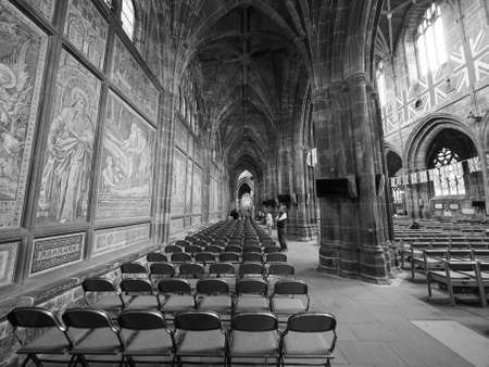 CHESTER, UK - CIRCA JUNE 2016: Chester Anglican Cathedral church in black and whiteのeditorial素材