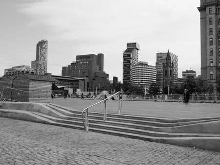 LIVERPOOL, UK - CIRCA JUNE 2016: View of the city skyline from Liverpool Pier Head in black and whiteのeditorial素材