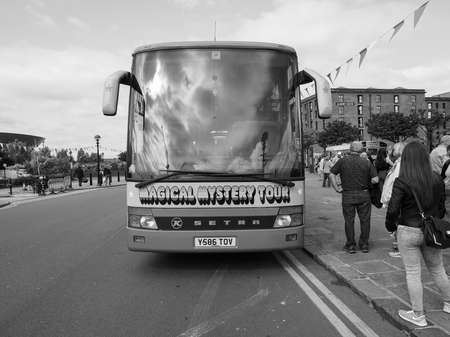 LIVERPOOL, UK - CIRCA JUNE 2016: The Beatles Magical Mystery Tour bus in black and whiteのeditorial素材