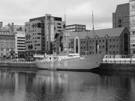 LIVERPOOL, UK - CIRCA JUNE 2016: View of the city from the docks in black and whiteのeditorial素材