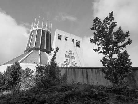LIVERPOOL, UK - CIRCA JUNE 2016: Liverpool Metropolitan Cathedral aka Metropolitan Cathedral of Christ the King designed by Sir Frederick Ernest Gibberd in 1967 in black and whiteのeditorial素材