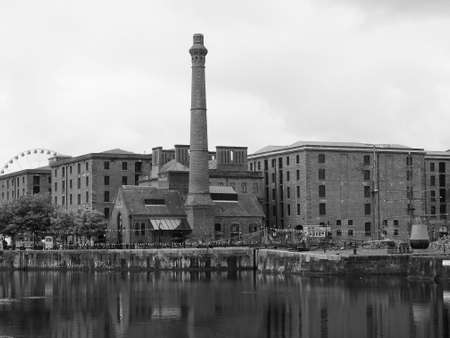 LIVERPOOL, UK - CIRCA JUNE 2016: The Albert Dock complex of dock buildings and warehouses in black and whiteのeditorial素材