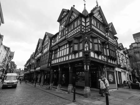CHESTER, UK - CIRCA JUNE 2016: Medieval Chester Rows in black and whiteのeditorial素材
