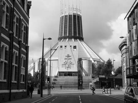 LIVERPOOL, UK - CIRCA JUNE 2016: Liverpool Metropolitan Cathedral aka Metropolitan Cathedral of Christ the King designed by Sir Frederick Ernest Gibberd in 1967 in black and whiteのeditorial素材