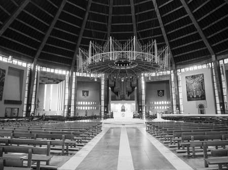 LIVERPOOL, UK - CIRCA JUNE 2016: Liverpool Metropolitan Cathedral aka Metropolitan Cathedral of Christ the King designed by Sir Frederick Ernest Gibberd in 1967 in black and whiteのeditorial素材