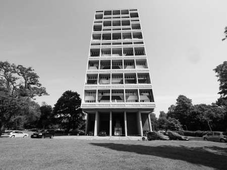 BERLIN, GERMANY - CIRCA JUNE 2016: The Corbusier Haus designed by Le Corbusier in 1957 in black and whiteのeditorial素材