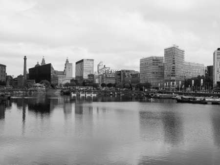 LIVERPOOL, UK - CIRCA JUNE 2016: Skyline view of the waterfront on River Mersey in black and whiteのeditorial素材