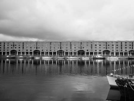 LIVERPOOL, UK - CIRCA JUNE 2016: The Albert Dock complex of dock buildings and warehouses in black and whiteのeditorial素材