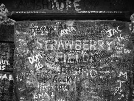 LIVERPOOL, UK - CIRCA JUNE 2016: Strawberry Field gate in Beaconsfield Road in Woolton made famous...