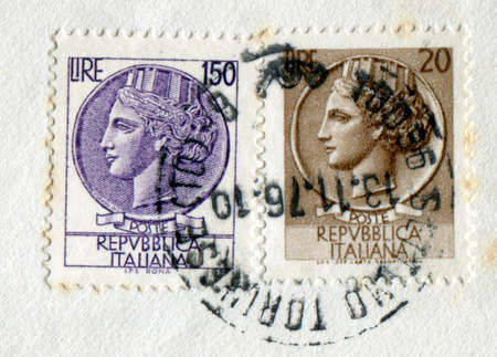 SETTIMO TORINESE, ITALY - CIRCA JULY 2016: Two stamps printed by Italy show the Repubblica Italiana...