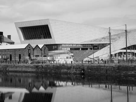 LIVERPOOL, UK - CIRCA JUNE 2016: The Museum of Liverpool designed by Danish architects 3XN at Pier Head part of Liverpool Maritime Mercantile City in black and whiteのeditorial素材