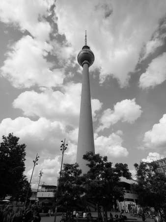 BERLIN, GERMANY - CIRCA JUNE 2016: Fersehturm meaning Television tower in Alexanderplatz in black...