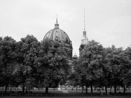 BERLIN, GERMANY - CIRCA JUNE 2016: Berliner Dom meaning Berlin Cathedral church in black and white