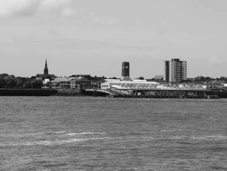 LIVERPOOL, UK - CIRCA JUNE 2016: Skyline view of the waterfront on River Mersey in black and white