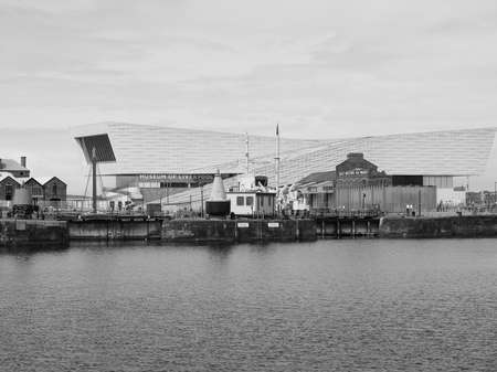 LIVERPOOL, UK - CIRCA JUNE 2016: Skyline view of the waterfront on River Mersey in black and whiteのeditorial素材
