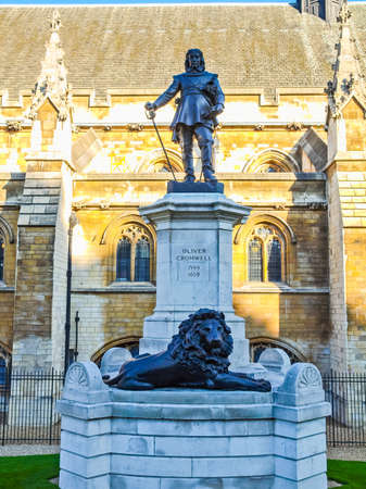 High dynamic range HDR Statue of Oliver Cromwell in front of the Houses of Parliament, Londonのeditorial素材