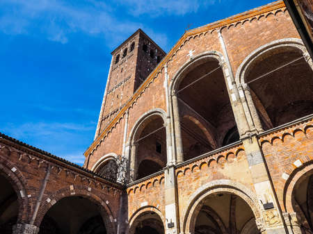 High dynamic range HDR Basilica of Sant Ambrogio church in Milan, Italyの写真素材