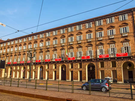 TURIN, ITALY - MARCH 11, 2014: The Teatro Regio (Royal Theatre) was almost completely destroyed by fire except for this facade and redesigned by architect Carlo Mollino (HDR)のeditorial素材