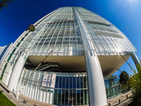 TURIN, ITALY - CIRCA SEPTEMBER, 2015: The new San Paolo headquarters designed by Renzo Piano are the highest skyscraper in town, seen with fisheye (HDR)のeditorial素材