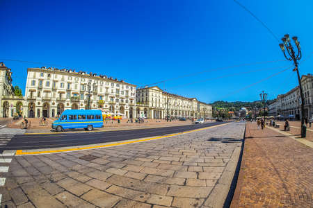 TURIN, ITALY - CIRCA SEPTEMBER, 2015: Piazza Vittorio Emanuele II is the largest square in central Turin seen with fisheye lens (HDR)のeditorial素材