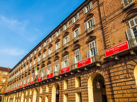 TURIN, ITALY - MARCH 11, 2014: The Teatro Regio (Royal Theatre) was almost completely destroyed by fire except for this facade and redesigned by architect Carlo Mollino (HDR)のeditorial素材
