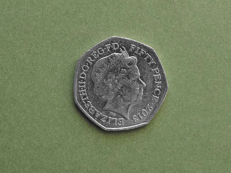 LONDON, UK - CIRCA AUGUST 2016: 50 pence coin with Her Majesty the Queen Elizabeth IIのeditorial素材