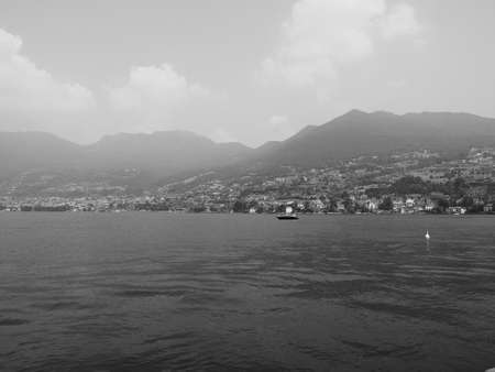 View of Lake Iseo mountains in Lombardy, Italy in black and whiteの写真素材