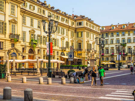 TURIN, ITALY - JULY 07, 2015: Tourists in Piazza Carignano square (HDR)のeditorial素材