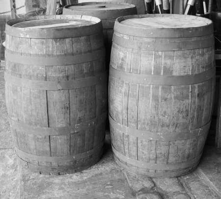 Old wooden barrel cask for whisky or beer or wine in black and white