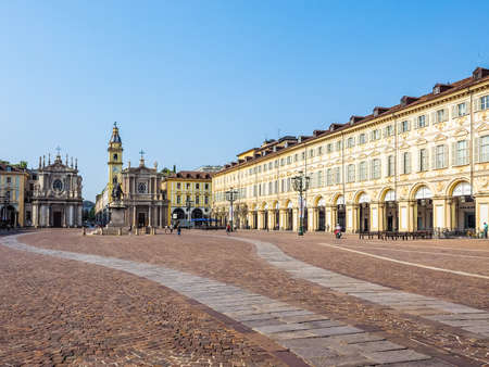 TURIN, ITALY - AUGUST 05, 2015: Tourists in Piazza San Carlo square (HDR)のeditorial素材