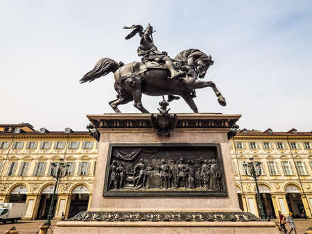 TURIN, ITALY - CIRCA APRIL 2016: Caval ed Brons meaning Bronze Horse monument in Piazza San Carlo (HDR)のeditorial素材