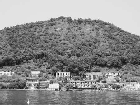 View of Lake Iseo mountains in Lombardy, Italy in black and whiteの写真素材