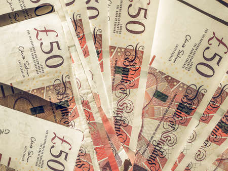 Vintage looking Fifty British Pound banknotes currency of the United Kingdomの写真素材