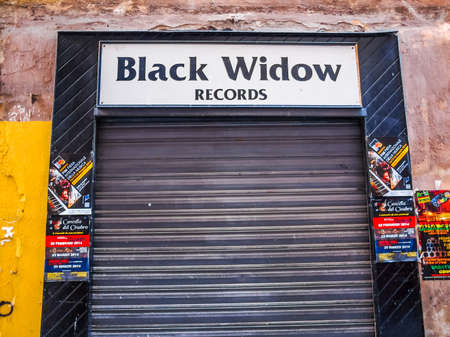 GENOA, ITALY - MARCH 16, 2014: Black Widow Records in Via del Campo is a small Italian record label specialising in rare and obscure prog and goth acts (HDR)のeditorial素材