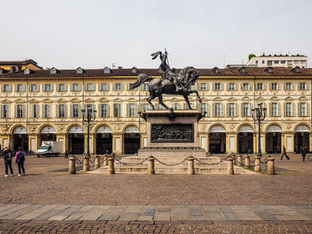 TURIN, ITALY - CIRCA APRIL 2016: Tourists in Piazza San Carlo square (HDR)のeditorial素材